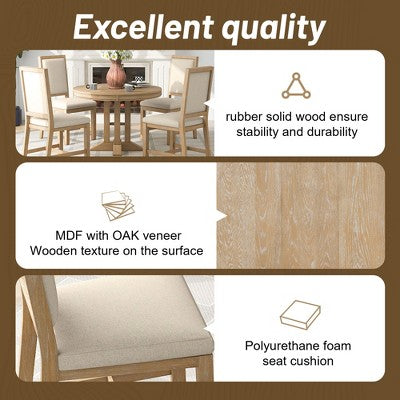 Farmhouse 5 Piece Kitchen Dining Set for 4, Solid Wood Extendable Round Dining Table Set and 4 Upholstered Chairs for Kitchen