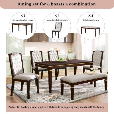 Retro 6 Pieces Kitchen Dining Table Set, Rectangular Table and 4 High-Back Tufted Chairs & Bench, Wood Dining Room Table Set for 6