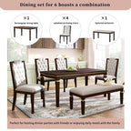 Retro 6 Pieces Kitchen Dining Table Set, Rectangular Table and 4 High-Back Tufted Chairs & Bench, Wood Dining Room Table Set for 6