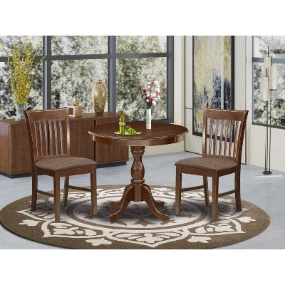 3-Piece Mahogany Finish Solid Wood Top - Round Dining Room Set - Seats 4