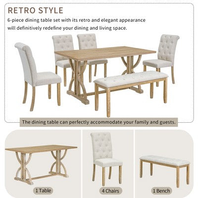 6 PCS Retro Dining Table Set, Rectangular Table with Unique Legs and Upholstered Chairs-ModernLuxe