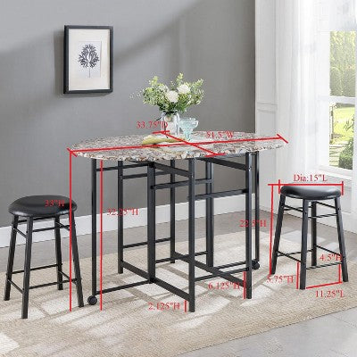 Kings Brand Furniture  Akins 3-Piece Drop-Leaf Dinette Set with Faux Marble Tabletop and Faux Leather Stools