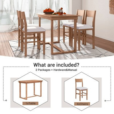 5 Pieces Counter Height Dining Set for 4, Farmhouse Wooden Bar Table Set with 4 Upholstered Chairs for Small Places