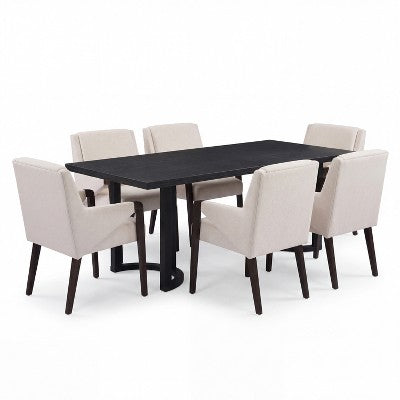 Christopher Knight Home Harish Modern 7 Piece Rubberwood Linen Upholstered Dining Set with Rectangular Table