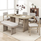 Solid Wood Dining Table Set with Bench for 5, 6 Pieces Upholstered Rectangular Dining Room Table Set with 4 Chairs & Bench