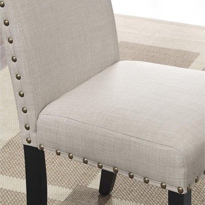 Roundhill Furniture Biony Espresso Wood Counter Height Dining Set with Tan Fabric Nailhead Stools