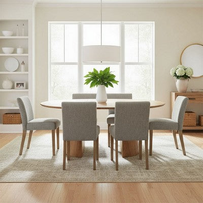 47-83 Extendable Dining Table Set for 6, Natural Wood-Tone Table and 6 Linen Armless Chairs with Solid Wood Legs for Dining Room-Panipeachy