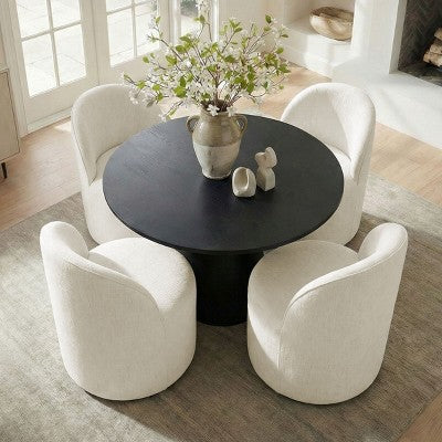 5-Piece Dining Table Set for 4, Modern Barrel Chair with Wheels and Chenille Upholstery, Black Round Pedestal Table-Panipeachy