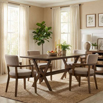 Christopher Knight Home Raisa 5 Piece Farmhouse Rubberwood Dining Set with Boucle Upholstered Chairs