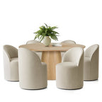 Round Dining Table Set For 6, Upholstered Barrel Dining Chairs With Castors, Linen Blend Fabric, Curved Back Support - Panipeachy