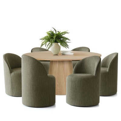Round Dining Table Set For 6, Upholstered Barrel Dining Chairs With Castors, Linen Blend Fabric, Curved Back Support - Panipeachy