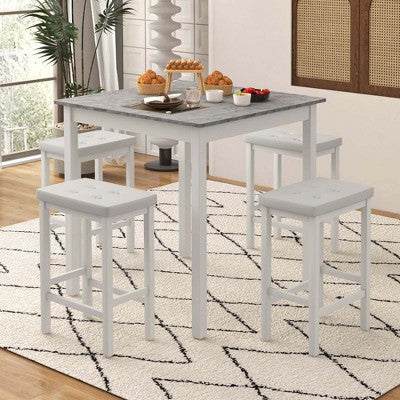 Costway 5 PCS Bar Table Set Square Dining Table & 4 PVC Leather Upholstered Bar Stools Brown/White