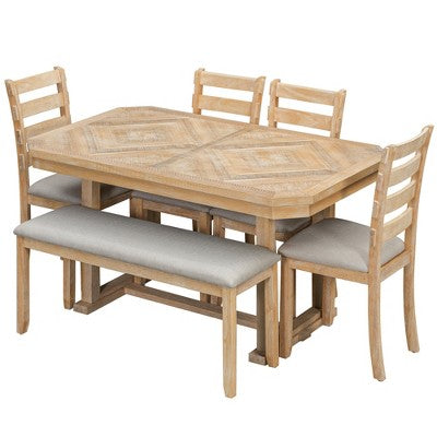 6 PCS Rubber Wood Dining Table Set with Beautiful Wood Grain Veneer Tabletop and Soft Cushion-ModernLuxe