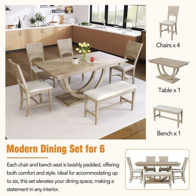 GDFStudio Timo 6 Piece Rubbewood Dinnig Set with Half Round Dining Table, Bench and 4 Chairs