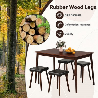 Costway 5PCS Dining Table Set for 4 w/ 4 Upholstered Stools Rubber Wood Legs for Kitchen