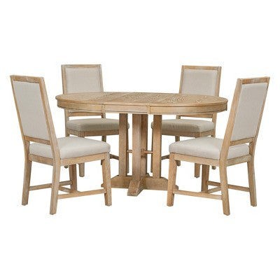 Farmhouse 5 Piece Kitchen Dining Set for 4, Solid Wood Extendable Round Dining Table Set and 4 Upholstered Chairs for Kitchen