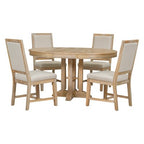 Farmhouse 5 Piece Kitchen Dining Set for 4, Solid Wood Extendable Round Dining Table Set and 4 Upholstered Chairs for Kitchen
