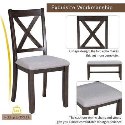 6 Piece Extendable Dining Table Set Dining Set Small Dinette Kitchen Table Set with Foldable Table, 4 Upholstered Chairs, Bench, Gray/Espresso-HABITRI