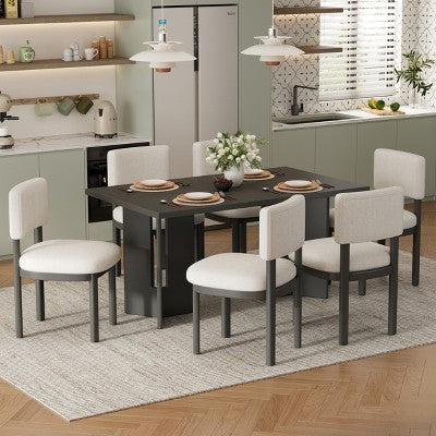 7 Piece Farmhouse Dining Table Set Dining Set for 6, 60 Kitchen Table Set with 6 Upholstered Dining Chairs - ModernLuxe