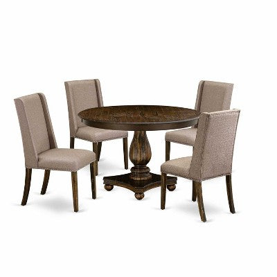 HomeStock 5-Piece Distressed Jacobean Finish Solid Wood Top Dining Table with 4 Parson Chair