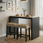GDFStudio Hudson Transitional Travertine Top Wood 3-Piece Dining Set with Biscuit-Tufted Upholstered Stools
