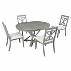 Farmhouse Extendable Round Dining Set for 4, Kitchen Dining Table Set with 4 Upholstered Dining Chairs for Dining Room