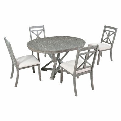 Farmhouse Extendable Round Dining Set for 4, Kitchen Dining Table Set with 4 Upholstered Dining Chairs for Dining Room