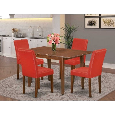 Coastal Kitchen Table Set - 5Pc Rectangle Dining Table w/ Leaf & 4 Chairs - Firebrick Red