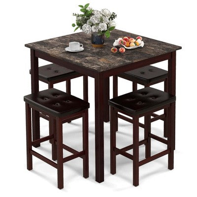 Costway 5 PCS Bar Table Set Square Dining Table & 4 PVC Leather Upholstered Bar Stools Brown/White