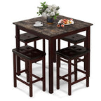 Costway 5 PCS Bar Table Set Square Dining Table & 4 PVC Leather Upholstered Bar Stools Brown/White