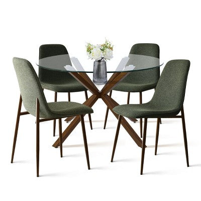 Olive+Oslo 5-Piece Dining Table Set for 4, Round Glass Dining Table with 4 Upholstered Dining Chairs Walnut Legs-Panipeachy
