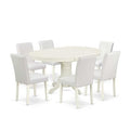 Dinette Set 7Pc Oval Table w/ Leaf & 6 Chairs - White PU Leather - Tuscan Style