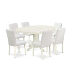 Dinette Set 7Pc Oval Table w/ Leaf & 6 Chairs - White PU Leather - Tuscan Style