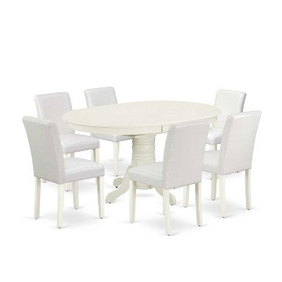 Dinette Set 7Pc Oval Table w/ Leaf & 6 Chairs - White PU Leather - Tuscan Style