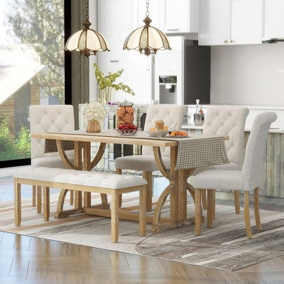 6 PCS Retro Dining Table Set, Rectangular Table with Unique Legs and Upholstered Chairs-ModernLuxe