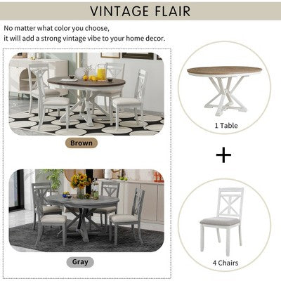 Farmhouse Extendable Round Dining Set for 4, Kitchen Dining Table Set with 4 Upholstered Dining Chairs for Dining Room