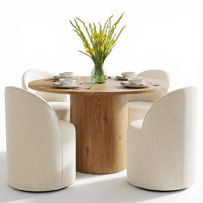 Dining Table Set for 4, Upholstered Barrel Chair with Castors and Round Pedestal Table for Kitchen or Breakfast Nook-Panipeachy