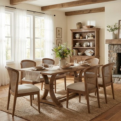 Christopher Knight Home Elowen 7-Piece Farmhouse Expandable Rubberwood Dining Set with Rattan Fabric Upholstered Chairs