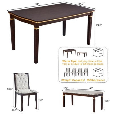 Retro 6 Pieces Kitchen Dining Table Set, Rectangular Table and 4 High-Back Tufted Chairs & Bench, Wood Dining Room Table Set for 6