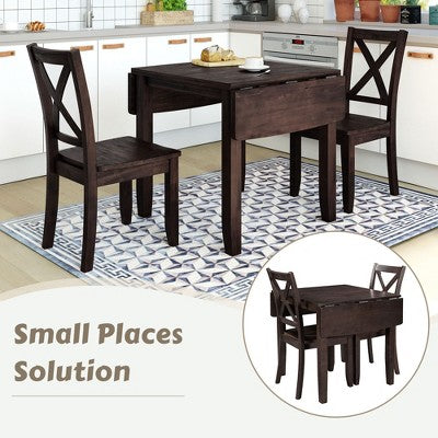 GDFStudio Torquil 3 Piece Ruberwood Dining Set with Foldable Dining Table and 2 X-back Chairs