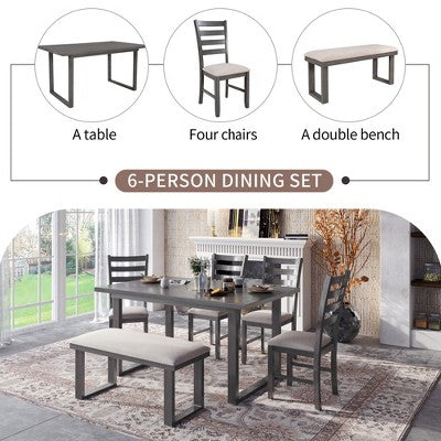 Farmhouse 6 Pieces Dining Table Set with Bench, Wood Rectangle Table and 4 Upholstered Chairs for Kitchen, Gray