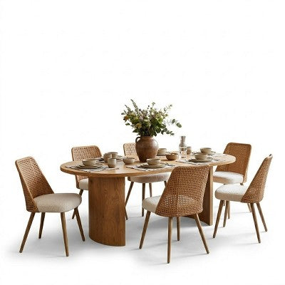 Dining Table Set for 6, Upholstered Dining Chairs with Rattan Backs and Oval Table in Natural Wood-Tone Finish, for Kitchen or Dining Room-Panipeachy