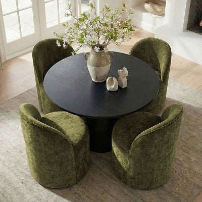 5-Piece Dining Table Set for 4, Modern Barrel Chair with Wheels and Chenille Upholstery, Black Round Pedestal Table-Panipeachy