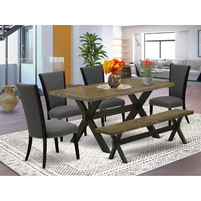 HomeStock 6-Piece Rectangle Distressed Jacobean Finish Solid Wood Top Dining Table with 1-Bench, 4-Chairs