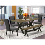 HomeStock 6-Piece Rectangle Distressed Jacobean Finish Solid Wood Top Dining Table with 1-Bench, 4-Chairs