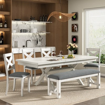 VECELO Rustic 6-Piece Extendable Dining Table Set, Rubber Wood Table with 4 Armless Upholstered Dining Chairs and Bench for Kitchen, Gray