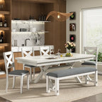 VECELO Rustic 6-Piece Extendable Dining Table Set, Rubber Wood Table with 4 Armless Upholstered Dining Chairs and Bench for Kitchen, Gray