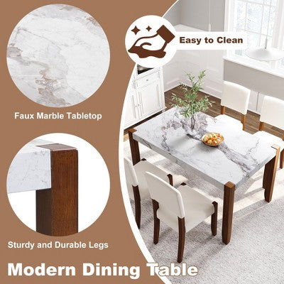 Faux Marble Dining Table Set for 4, 5 Pieces Rectangle Dining Table with 4 Upholstered Chairs for Small Space Kictchen