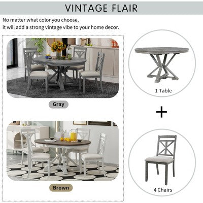 Farmhouse Extendable Round Dining Set for 4, Kitchen Dining Table Set with 4 Upholstered Dining Chairs for Dining Room