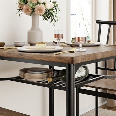 5 Piece Dining Table Set for 4 with Storage Rack, Metal and Wood Rectangular Dining Room Table Set for Kitchen, Dining Room, Dinette,Rustic Brown